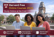Students taking Harvard free online courses 2026 on laptops