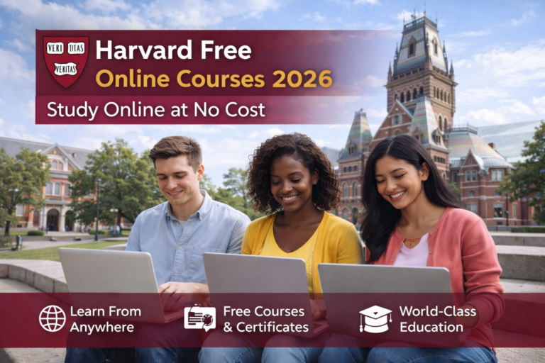 Students taking Harvard free online courses 2026 on laptops