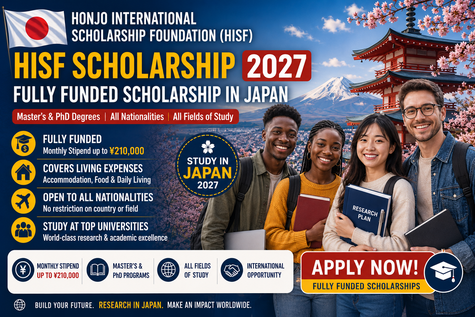 Honjo International Scholarship Foundation (HISF) 2027 Fully Funded Scholarship in Japan for international Master's and PhD students from all nationalities.